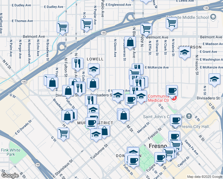 map of restaurants, bars, coffee shops, grocery stores, and more near in Fresno