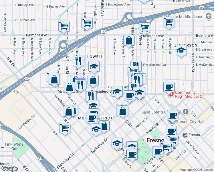 map of restaurants, bars, coffee shops, grocery stores, and more near in Fresno