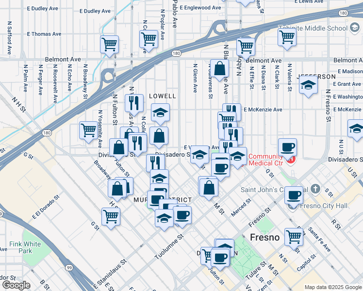 map of restaurants, bars, coffee shops, grocery stores, and more near in Fresno