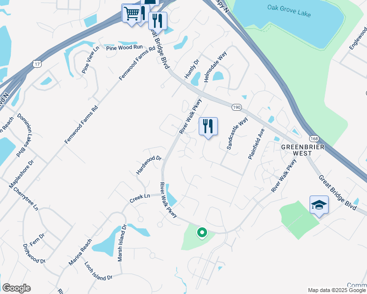 map of restaurants, bars, coffee shops, grocery stores, and more near 704 Meherrin River Court in Chesapeake