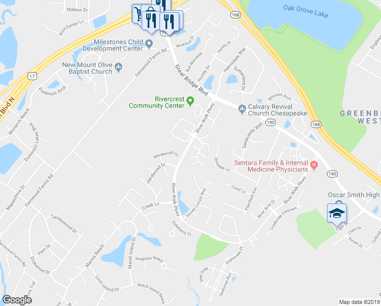 map of restaurants, bars, coffee shops, grocery stores, and more near 704 Meherrin River Court in Chesapeake