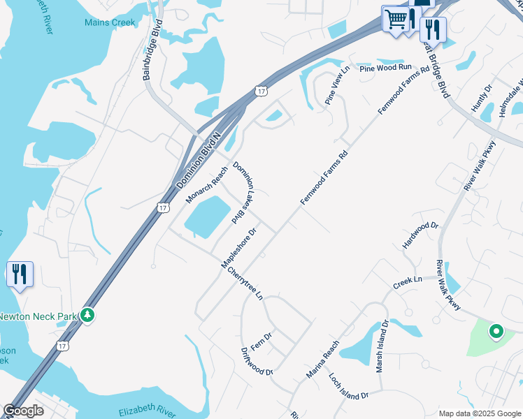 map of restaurants, bars, coffee shops, grocery stores, and more near 1213 Spruce Lane in Chesapeake