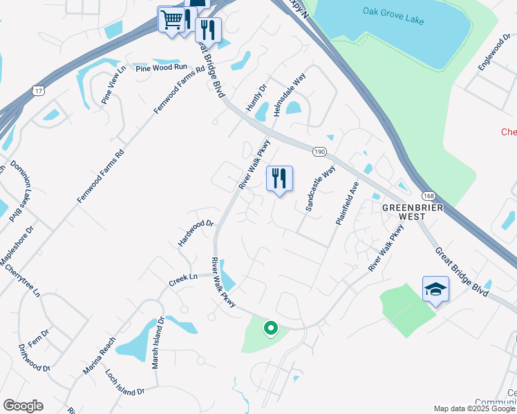 map of restaurants, bars, coffee shops, grocery stores, and more near 700 Nottoway River Court in Chesapeake
