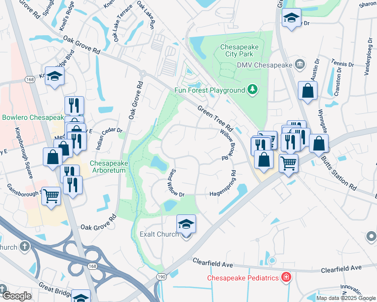 map of restaurants, bars, coffee shops, grocery stores, and more near 404 Camberly Court in Chesapeake