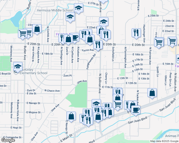 map of restaurants, bars, coffee shops, grocery stores, and more near 1410 Fairgrounds Road in Farmington