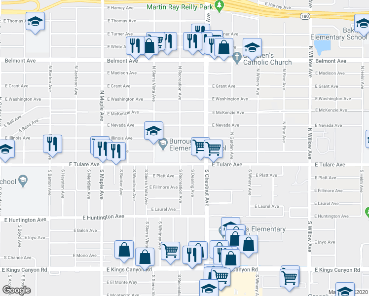 map of restaurants, bars, coffee shops, grocery stores, and more near 4759 East Iowa Avenue in Fresno