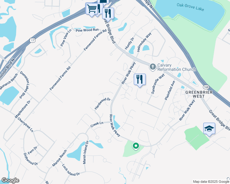 map of restaurants, bars, coffee shops, grocery stores, and more near 800 Needlerush Court in Chesapeake