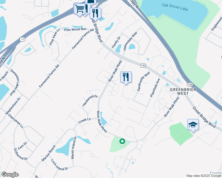 map of restaurants, bars, coffee shops, grocery stores, and more near 704 Meherrin River Court in Chesapeake