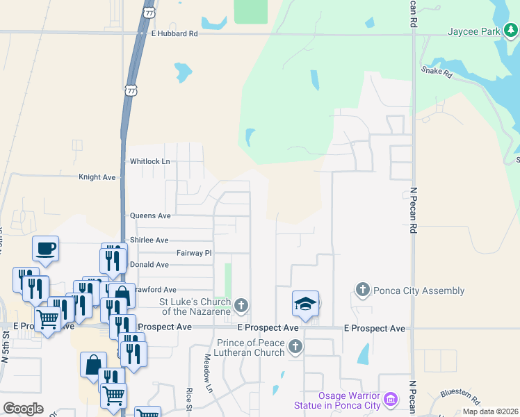 map of restaurants, bars, coffee shops, grocery stores, and more near 3401 Kingston Road in Ponca City