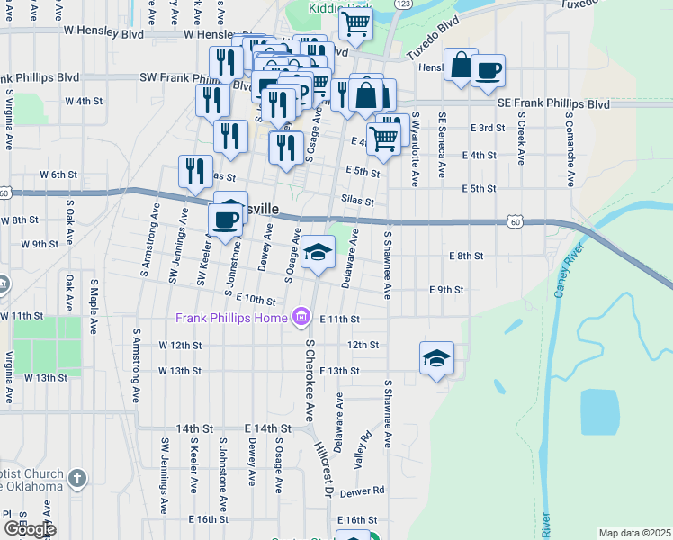 map of restaurants, bars, coffee shops, grocery stores, and more near 408 East 9th Street in Bartlesville