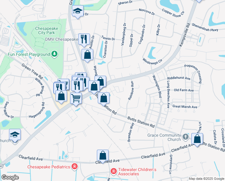 map of restaurants, bars, coffee shops, grocery stores, and more near 601 Railway Court in Chesapeake