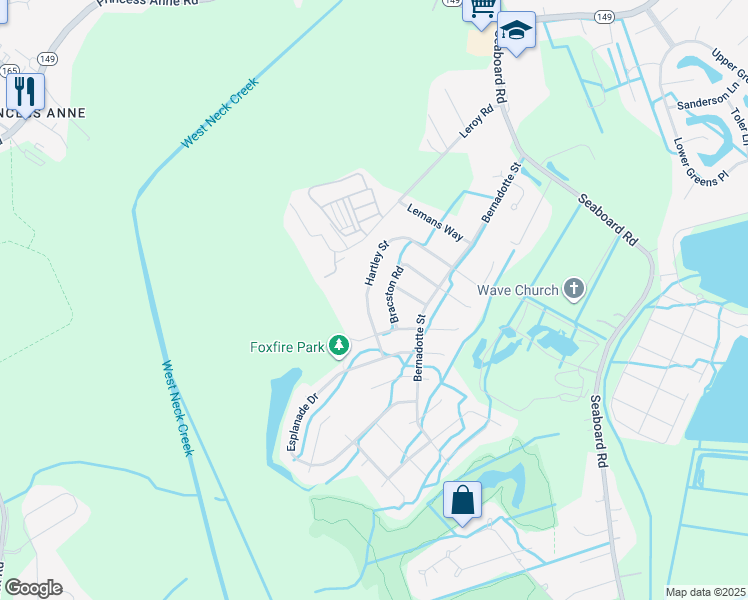 map of restaurants, bars, coffee shops, grocery stores, and more near 2637 Hartley Street in Virginia Beach