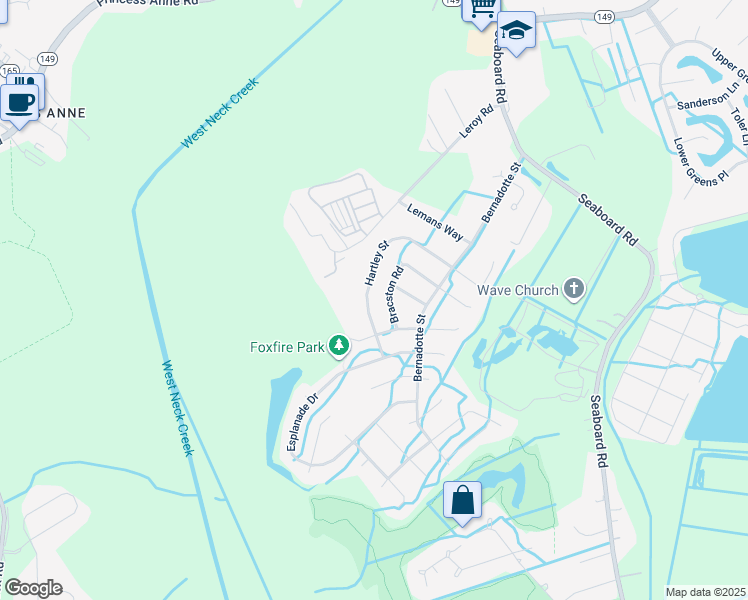 map of restaurants, bars, coffee shops, grocery stores, and more near 2637 Hartley Street in Virginia Beach