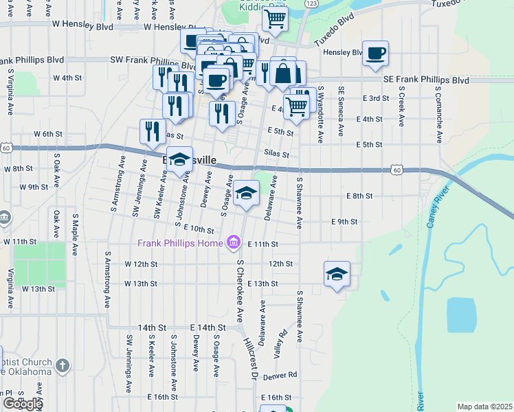 map of restaurants, bars, coffee shops, grocery stores, and more near 408 East 9th Street in Bartlesville