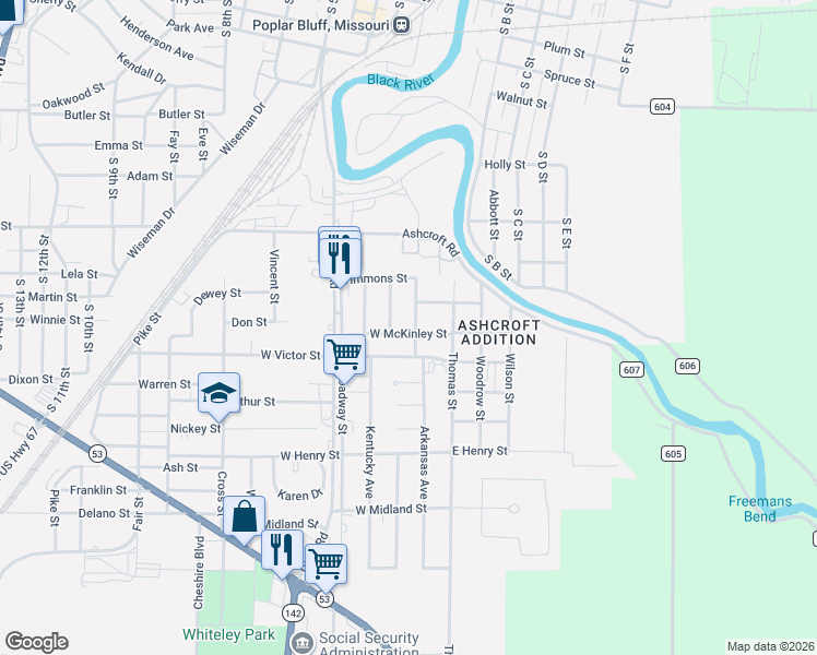 map of restaurants, bars, coffee shops, grocery stores, and more near 128 West McKinley Street in Poplar Bluff