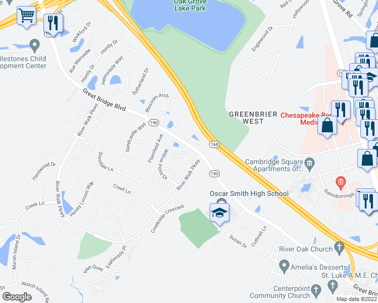 map of restaurants, bars, coffee shops, grocery stores, and more near 2410 Willow Point Arch in Chesapeake