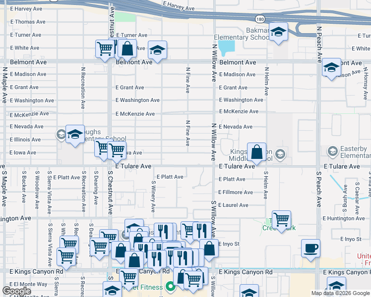 map of restaurants, bars, coffee shops, grocery stores, and more near 4942 East Iowa Avenue in Fresno