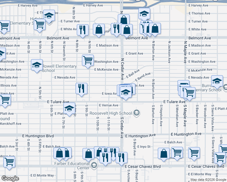 map of restaurants, bars, coffee shops, grocery stores, and more near 4140 East Iowa Avenue in Fresno