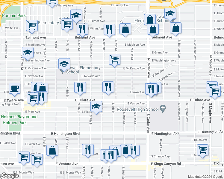 map of restaurants, bars, coffee shops, grocery stores, and more near 3840 East Iowa Avenue in Fresno