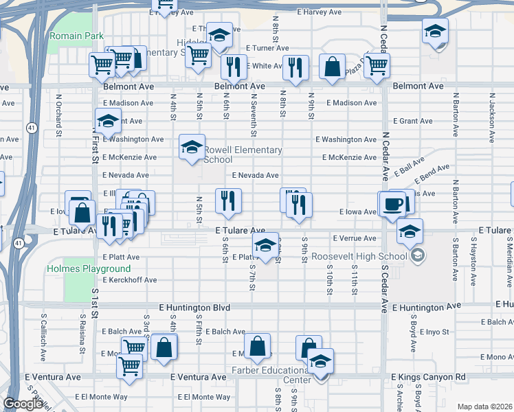 map of restaurants, bars, coffee shops, grocery stores, and more near 3666 East Iowa Avenue in Fresno