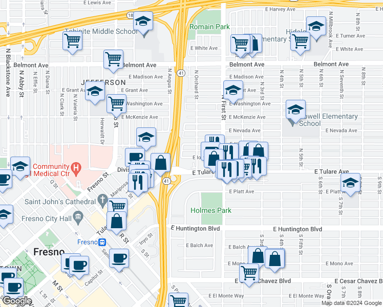 map of restaurants, bars, coffee shops, grocery stores, and more near 125 North Orchard Street in Fresno