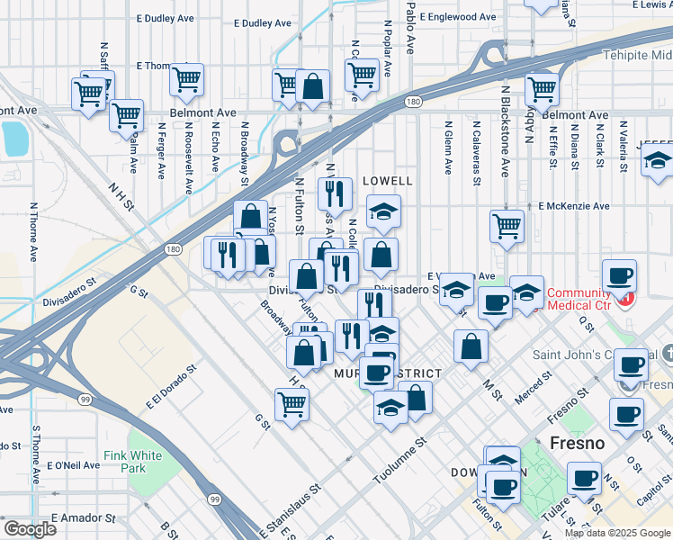 map of restaurants, bars, coffee shops, grocery stores, and more near 25 North Van Ness Avenue in Fresno