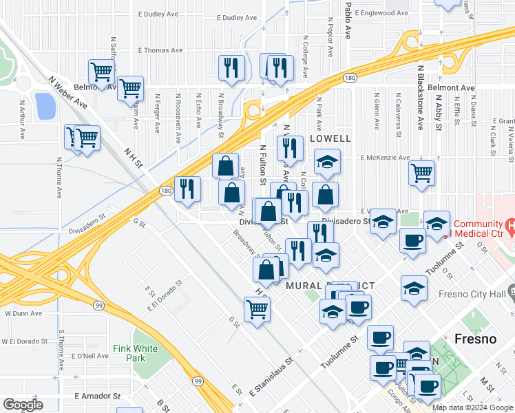 map of restaurants, bars, coffee shops, grocery stores, and more near 65 North Fulton Street in Fresno