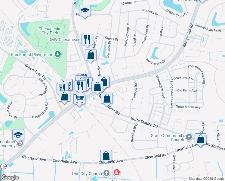 map of restaurants, bars, coffee shops, grocery stores, and more near 600 Caboose Court in Chesapeake