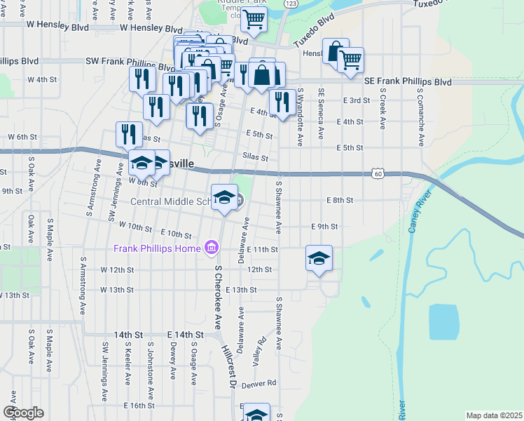 map of restaurants, bars, coffee shops, grocery stores, and more near 816 Delaware Avenue in Bartlesville