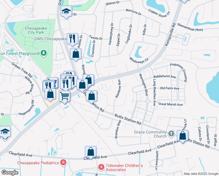 map of restaurants, bars, coffee shops, grocery stores, and more near 408 Track Crossing in Chesapeake