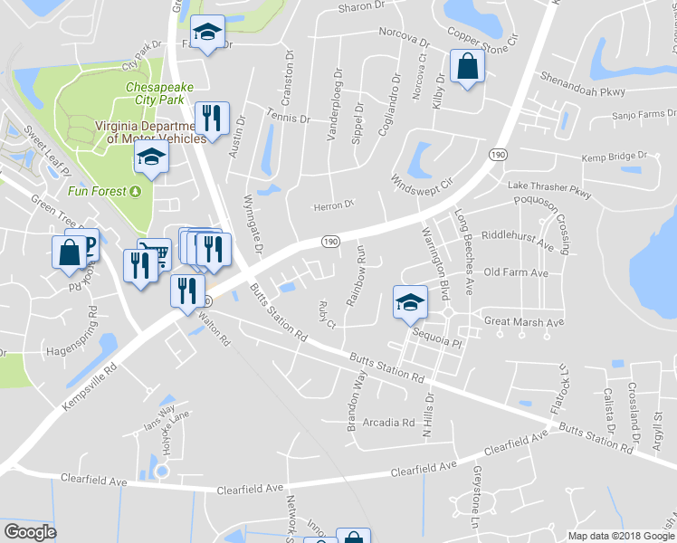 map of restaurants, bars, coffee shops, grocery stores, and more near 409 Track Crossing in Chesapeake