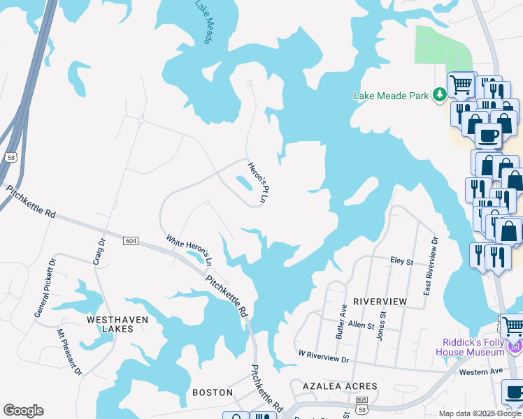 map of restaurants, bars, coffee shops, grocery stores, and more near 2024 Heron's Point Ln in Suffolk