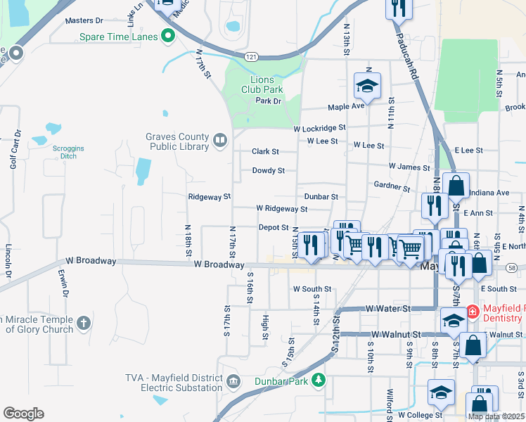 map of restaurants, bars, coffee shops, grocery stores, and more near 921 Depot Street in Mayfield