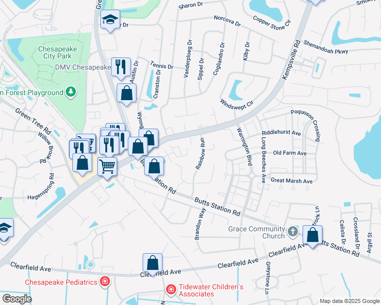 map of restaurants, bars, coffee shops, grocery stores, and more near 409 Track Crossing in Chesapeake