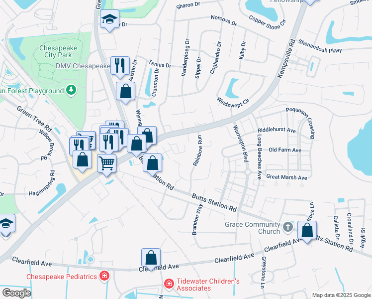 map of restaurants, bars, coffee shops, grocery stores, and more near 405 Track Crossing in Chesapeake
