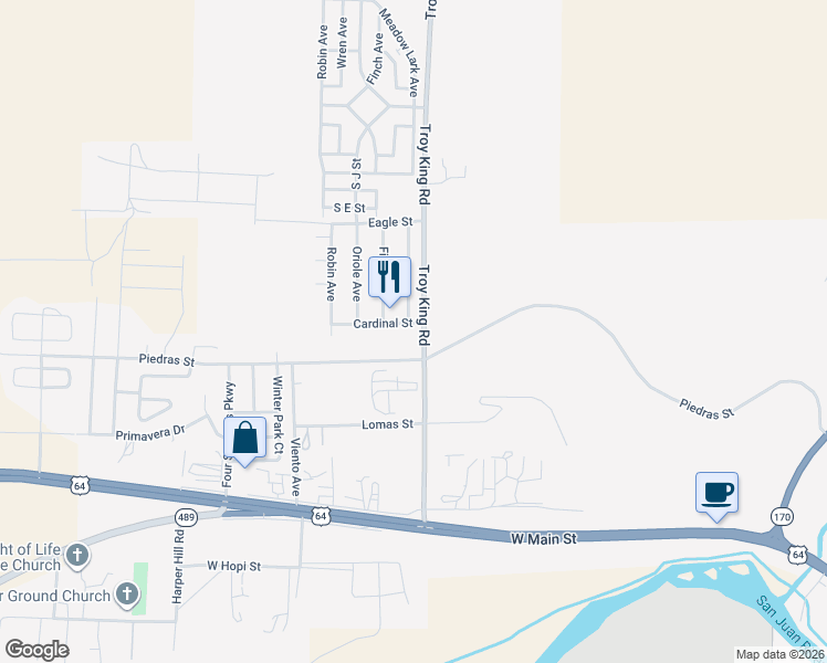 map of restaurants, bars, coffee shops, grocery stores, and more near 1300-1398 Troy King Road in Farmington