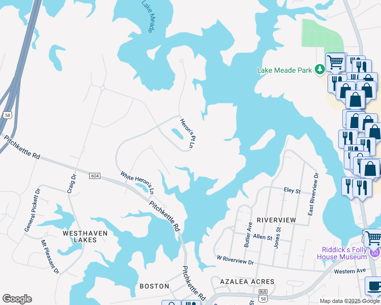 map of restaurants, bars, coffee shops, grocery stores, and more near 2024 Heron's Point Ln in Suffolk