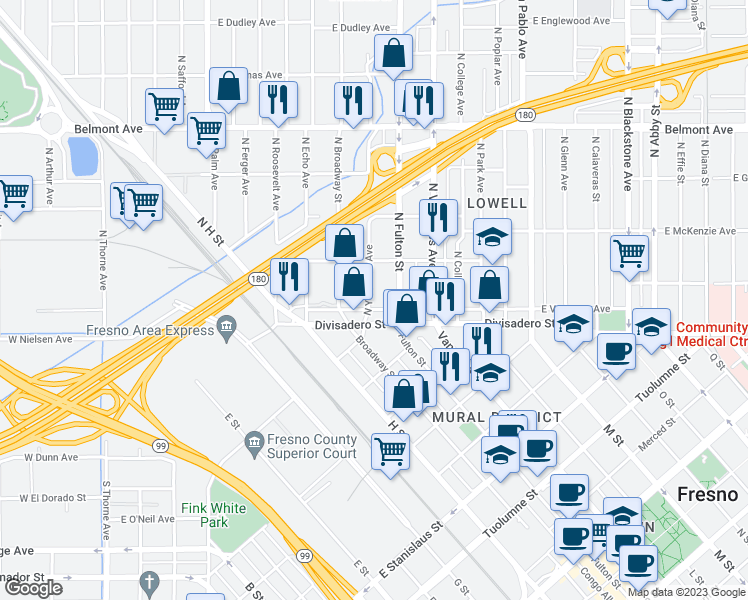 map of restaurants, bars, coffee shops, grocery stores, and more near 116 North Yosemite Avenue in Fresno