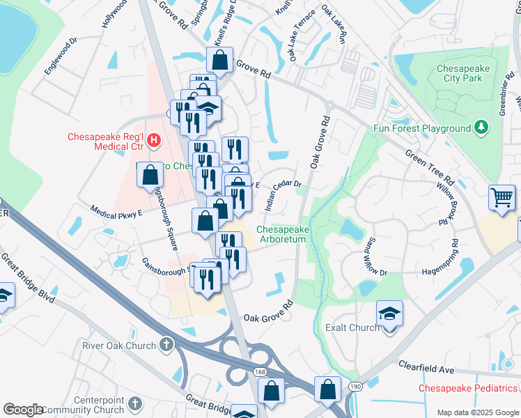 map of restaurants, bars, coffee shops, grocery stores, and more near 204 Lynnwood Gold Ct in Chesapeake