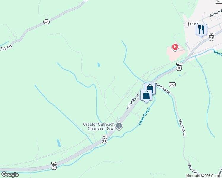 map of restaurants, bars, coffee shops, grocery stores, and more near 301-399 Cane Creek Road in Pennington Gap