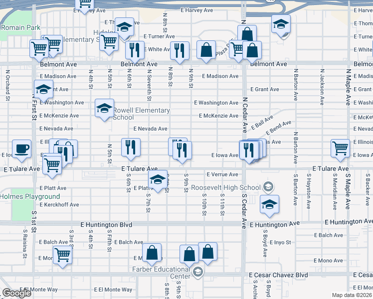 map of restaurants, bars, coffee shops, grocery stores, and more near 3840 East Iowa Avenue in Fresno