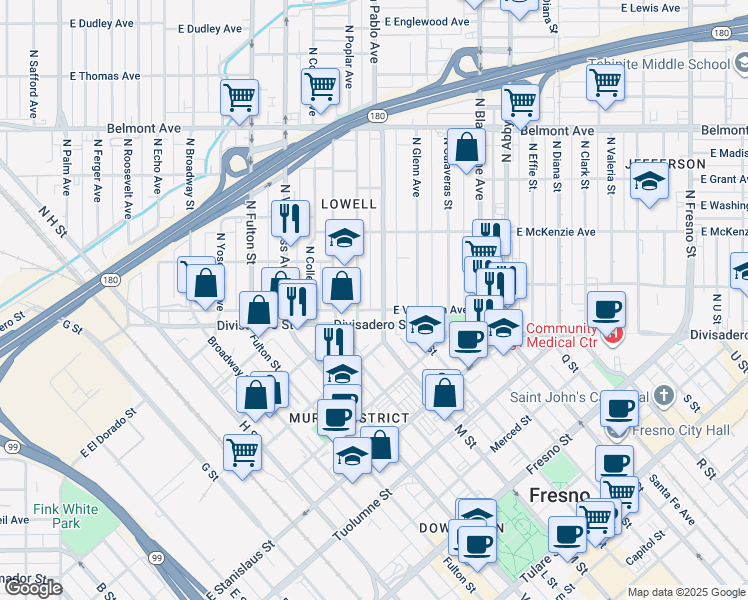 map of restaurants, bars, coffee shops, grocery stores, and more near in Fresno