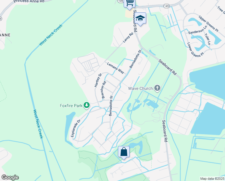 map of restaurants, bars, coffee shops, grocery stores, and more near 2645 Bernadotte Street in Virginia Beach