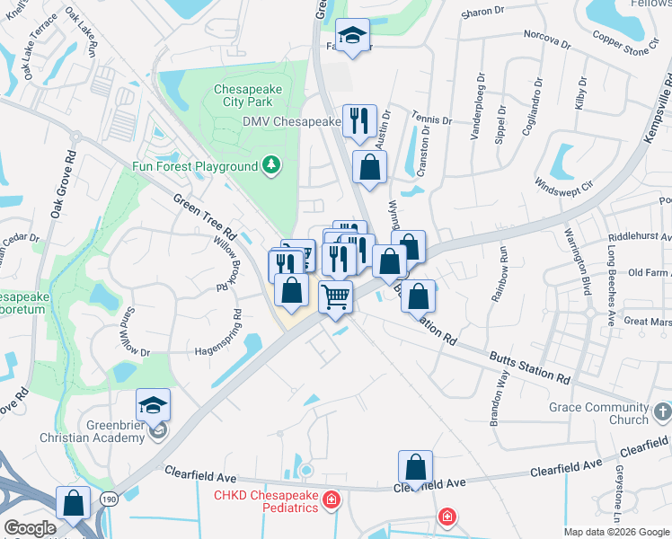 map of restaurants, bars, coffee shops, grocery stores, and more near 106 Greenbrier Road in Chesapeake