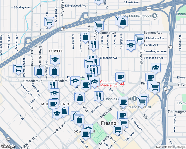 map of restaurants, bars, coffee shops, grocery stores, and more near 141 North Abby Street in Fresno