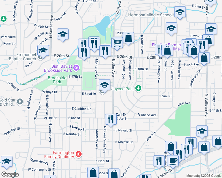 map of restaurants, bars, coffee shops, grocery stores, and more near 1237 North Butler Avenue in Farmington