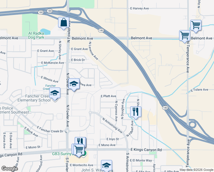 map of restaurants, bars, coffee shops, grocery stores, and more near 6318 East Platt Avenue in Fresno