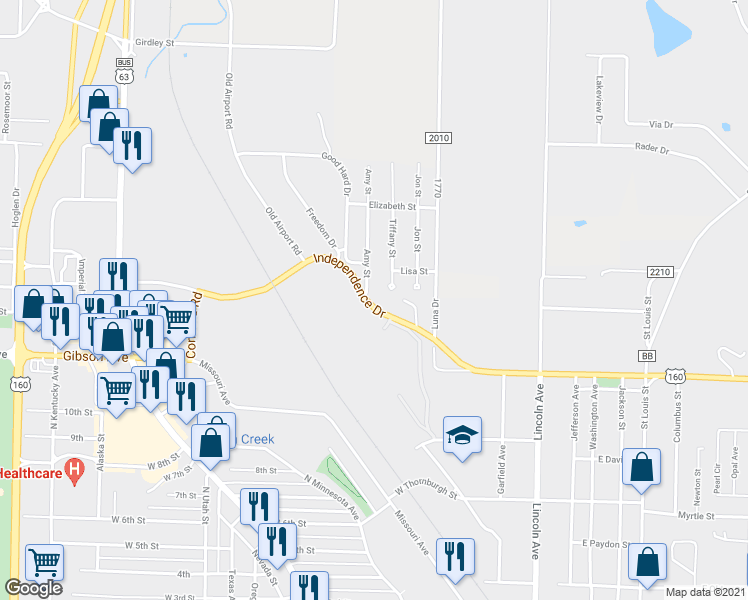 map of restaurants, bars, coffee shops, grocery stores, and more near 725 Independence Drive in West Plains