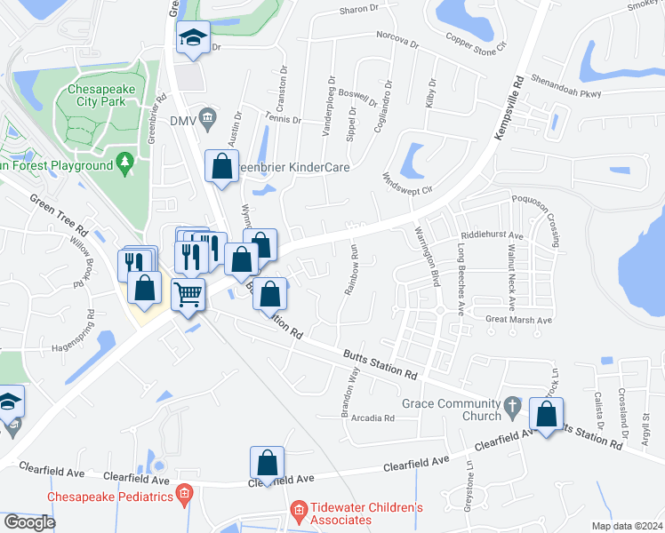 map of restaurants, bars, coffee shops, grocery stores, and more near 405 Track Crossing in Chesapeake