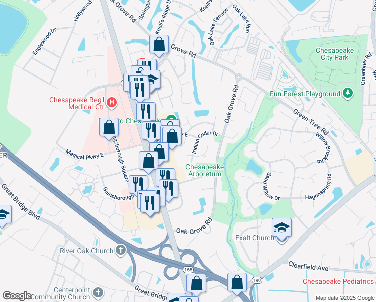 map of restaurants, bars, coffee shops, grocery stores, and more near 204 Lynnwood Gold Court in Chesapeake